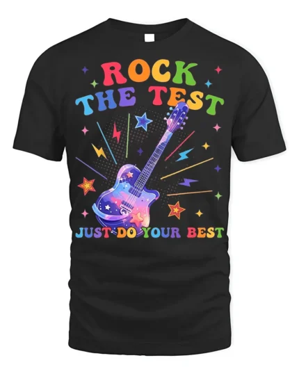 Rock the Test T-shirt Rainbow Guitar Motivational - black t-shirt on white background