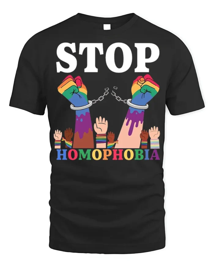 Stop Homophobia T-shirt LGBTQ Pride Equality Protest - black t-shirt on white background