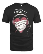 Music Heals T-shirt with Heart Headphones Design - black t-shirt on white background