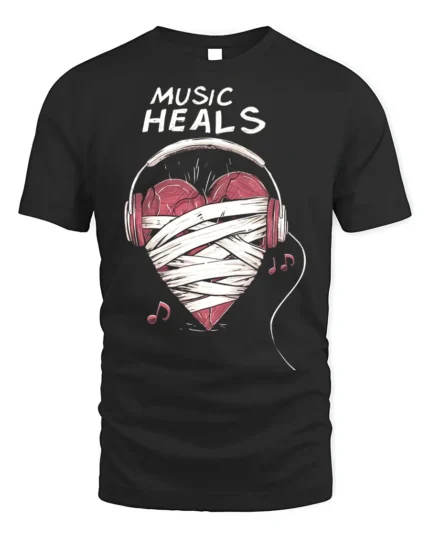 Music Heals T-shirt with Heart Headphones Design - black t-shirt on white background
