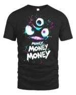 Funny Money Monster T-shirt Neon Greedy Face Graphic - black t-shirt on white background