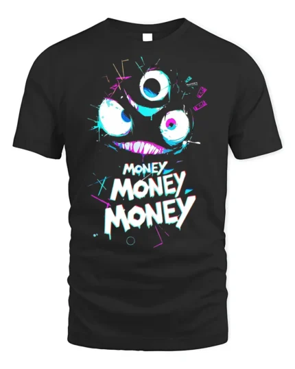 Funny Money Monster T-shirt Neon Greedy Face Graphic - black t-shirt on white background
