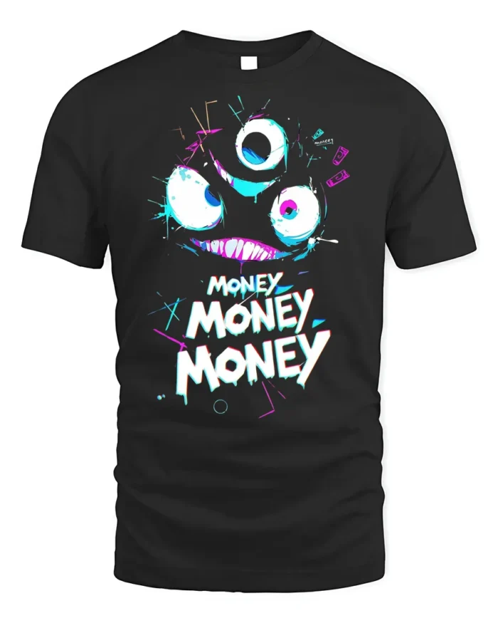 Funny Money Monster T-shirt Neon Greedy Face Graphic - black t-shirt on white background