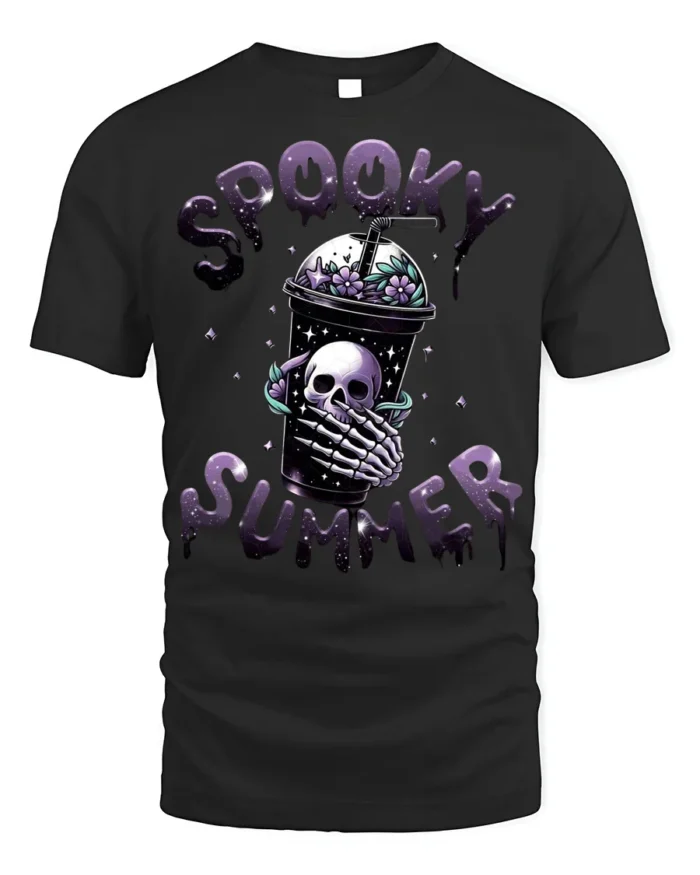 Spooky Summer Skeleton Drink T-Shirt Cute Goth Aesthetic - black t-shirt on white background