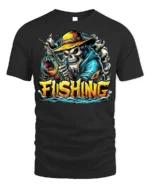 Skeleton Fishing T-Shirt Funny Grim Reaper Fisherman - black t-shirt on white background