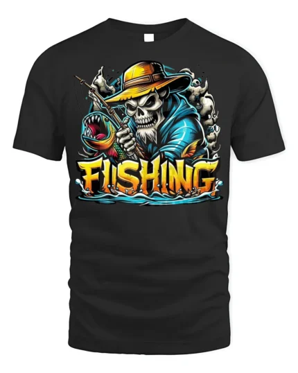 Skeleton Fishing T-Shirt Funny Grim Reaper Fisherman - black t-shirt on white background