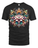 Spiritual Lotus Om Symbol T-Shirt with Peacock Design - black t-shirt on white background