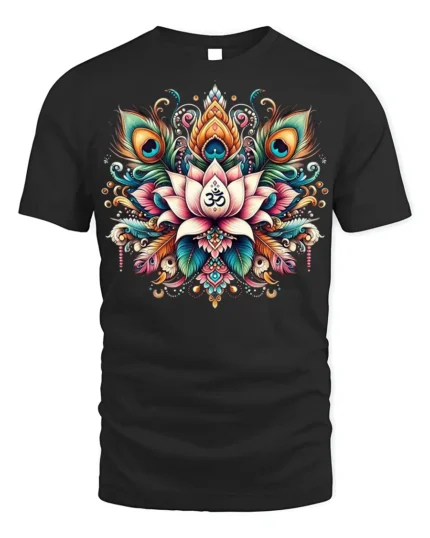 Spiritual Lotus Om Symbol T-Shirt with Peacock Design - black t-shirt on white background