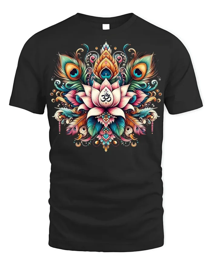 Spiritual Lotus Om Symbol T-Shirt with Peacock Design - black t-shirt on white background