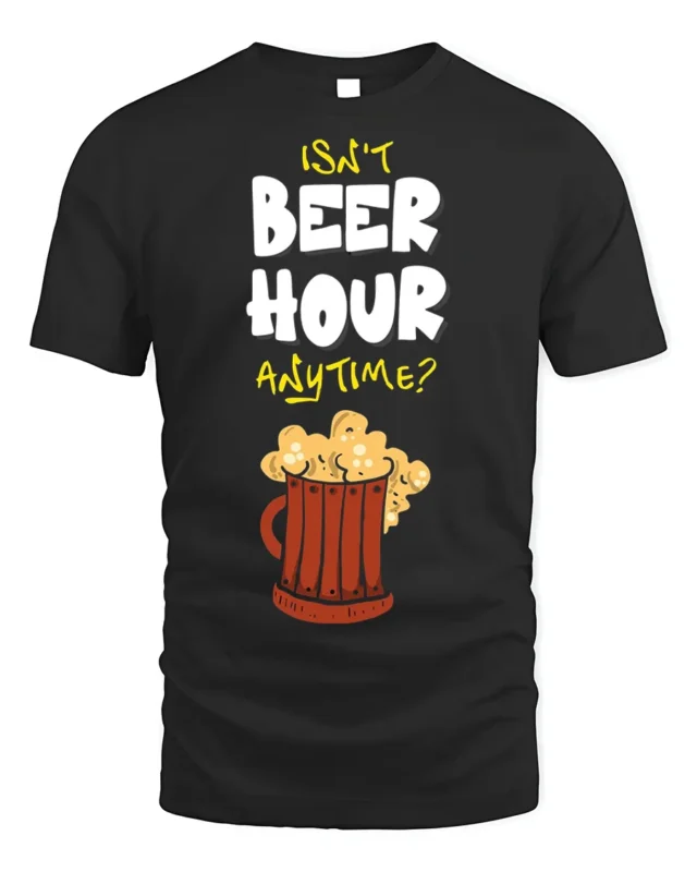 Funny Beer Hour Anytime T-Shirt with Mug Graphic Print - black t-shirt on white background