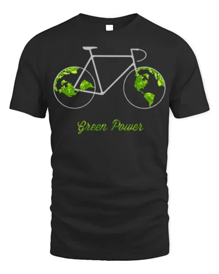 Green Power Bicycle Earth T-Shirt for Eco-Friendly Riders - black t-shirt on white background