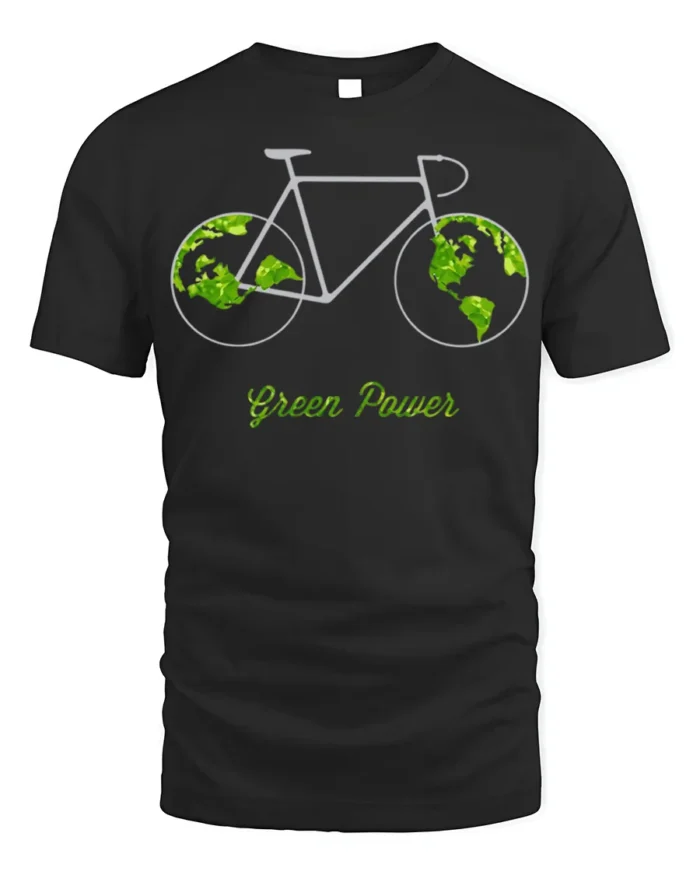 Green Power Bicycle Earth T-Shirt for Eco-Friendly Riders - black t-shirt on white background