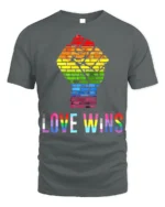 Love Wins Rainbow Pride Fist T-Shirt LGBTQ Equality - gray t-shirt on white background