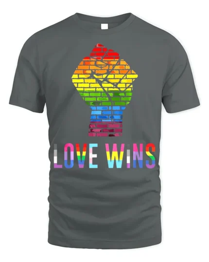 Love Wins Rainbow Pride Fist T-Shirt LGBTQ Equality - gray t-shirt on white background