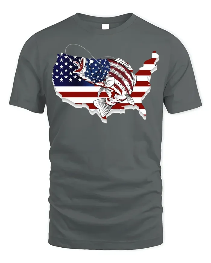 Patriotic USA Fishing T-shirt with American Flag Design - gray t-shirt on white background