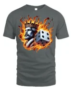 Flaming King Dice T-shirt - Bold Fire Crown Graphic - gray t-shirt on white background