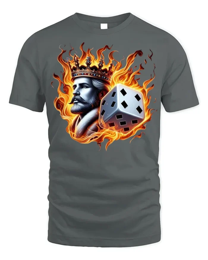 Flaming King Dice T-shirt - Bold Fire Crown Graphic - gray t-shirt on white background