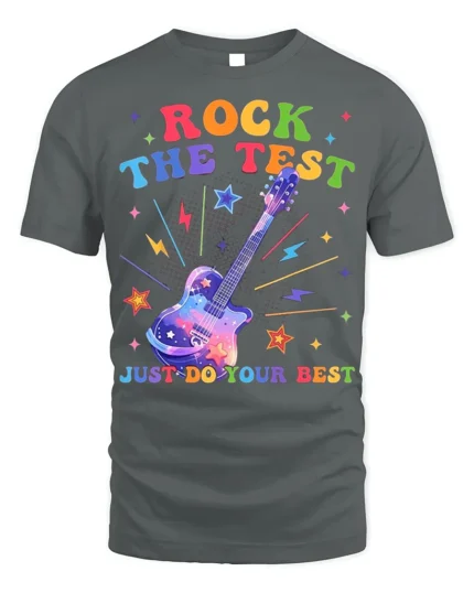 Rock the Test T-shirt Rainbow Guitar Motivational - gray t-shirt on white background