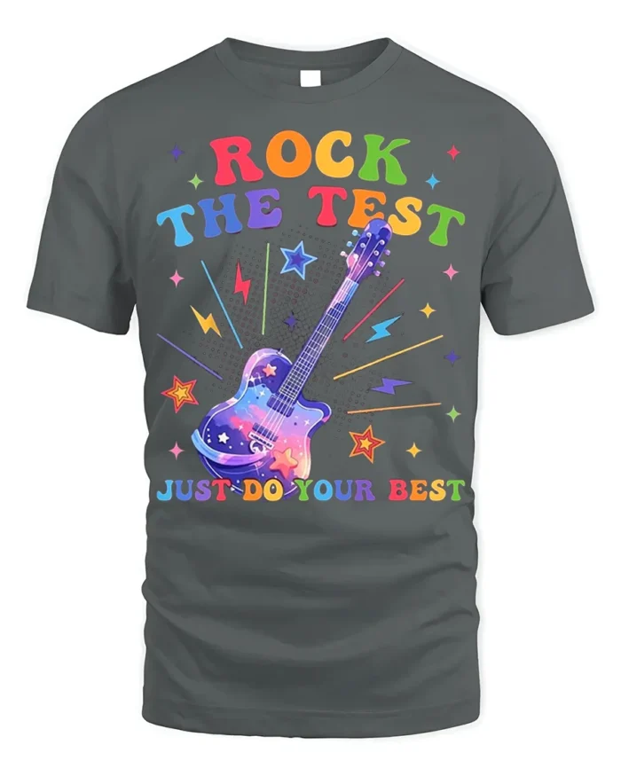 Rock the Test T-shirt Rainbow Guitar Motivational - gray t-shirt on white background
