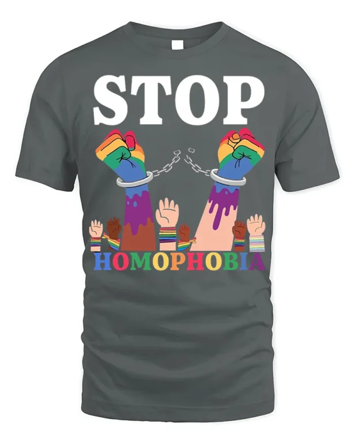 Stop Homophobia T-shirt LGBTQ Pride Equality Protest - gray t-shirt on white background