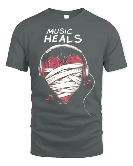 Music Heals T-shirt with Heart Headphones Design - gray t-shirt on white background