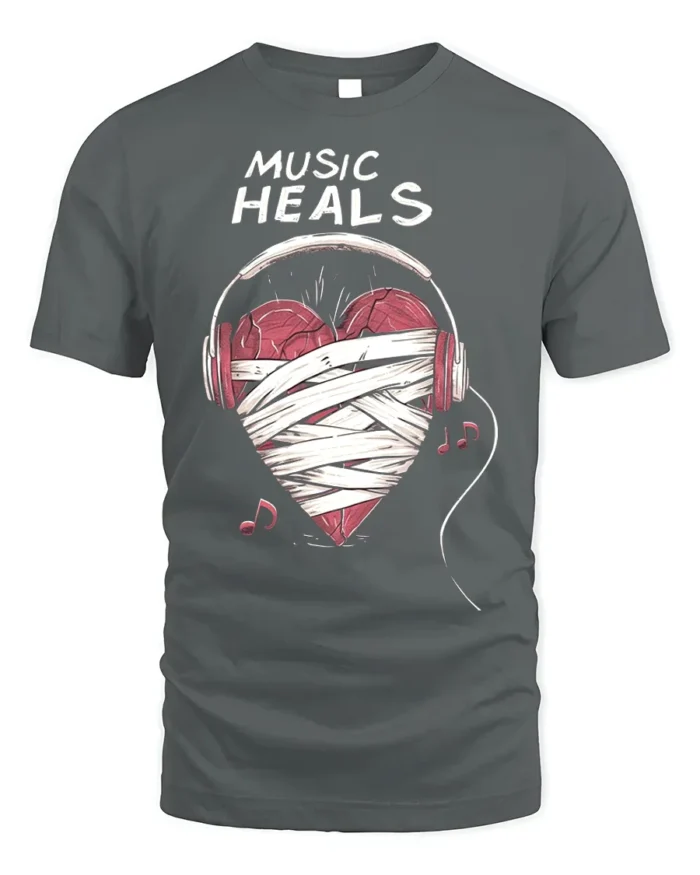 Music Heals T-shirt with Heart Headphones Design - gray t-shirt on white background