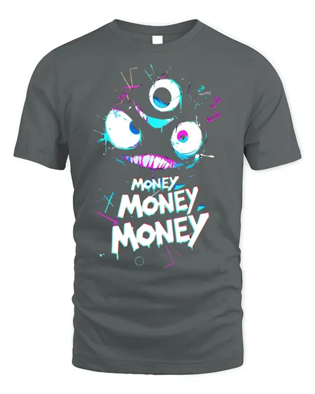 Funny Money Monster T-shirt Neon Greedy Face Graphic - gray t-shirt on white background