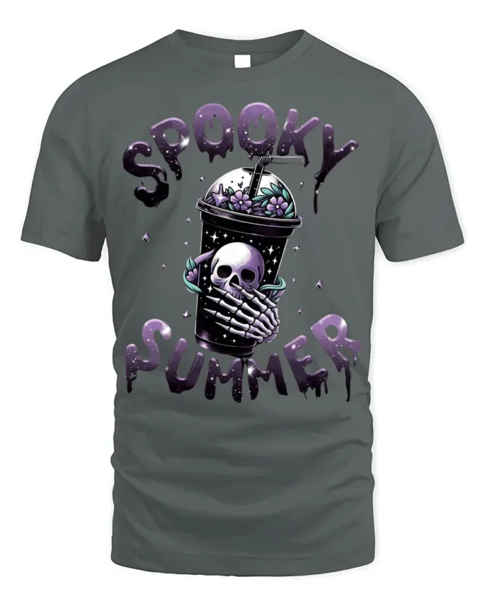 Spooky Summer Skeleton Drink T-Shirt Cute Goth Aesthetic - gray t-shirt on white background
