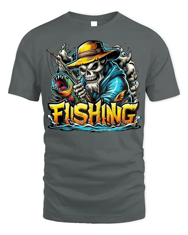 Skeleton Fishing T-Shirt Funny Grim Reaper Fisherman - gray t-shirt on white background