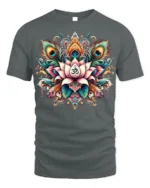 Spiritual Lotus Om Symbol T-Shirt with Peacock Design - gray t-shirt on white background