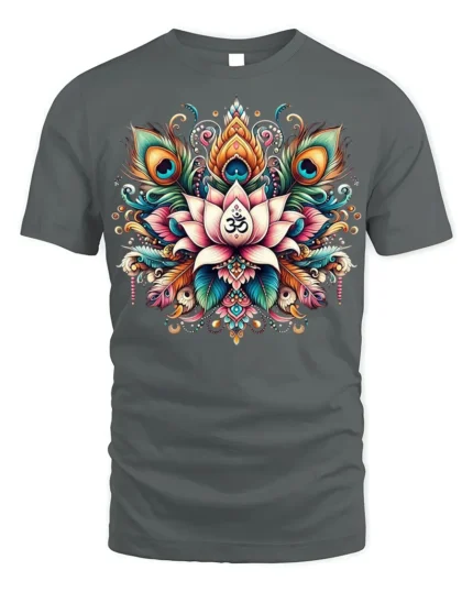 Spiritual Lotus Om Symbol T-Shirt with Peacock Design - gray t-shirt on white background