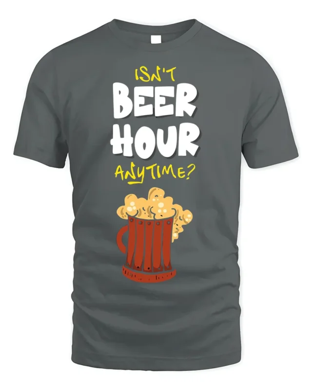 Funny Beer Hour Anytime T-Shirt with Mug Graphic Print - gray t-shirt on white background