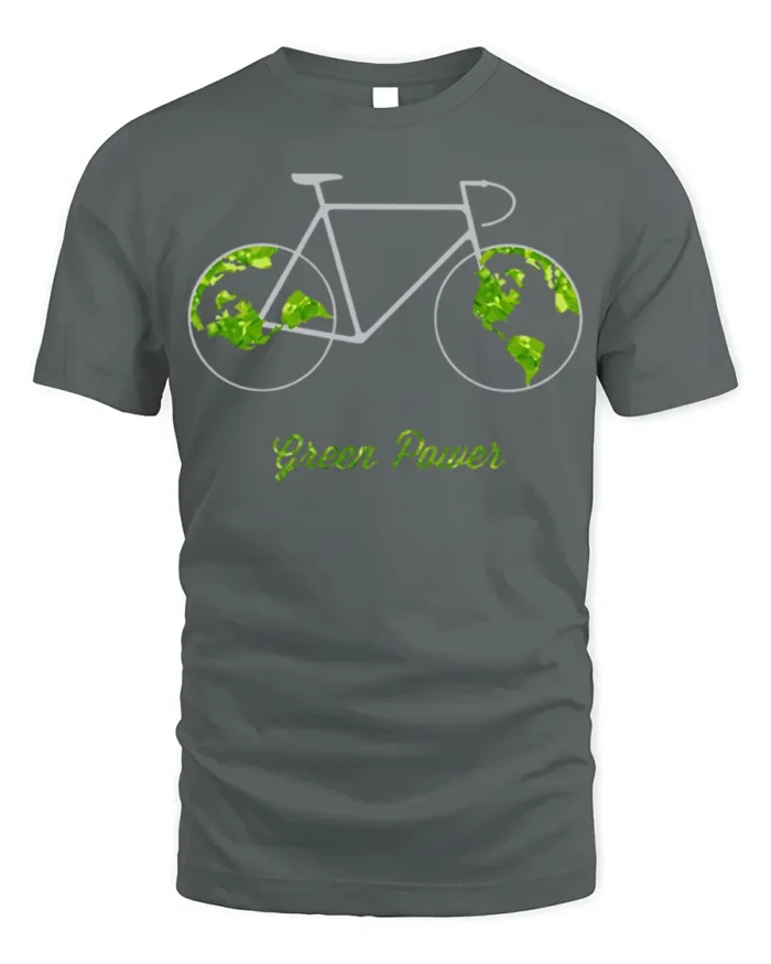 Green Power Bicycle Earth T-Shirt for Eco-Friendly Riders - gray t-shirt on white background