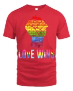 Love Wins Rainbow Pride Fist T-Shirt LGBTQ Equality - red t-shirt on white background