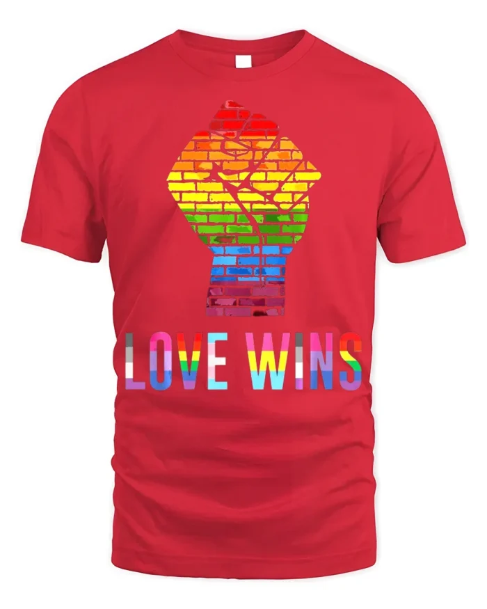 Love Wins Rainbow Pride Fist T-Shirt LGBTQ Equality - red t-shirt on white background