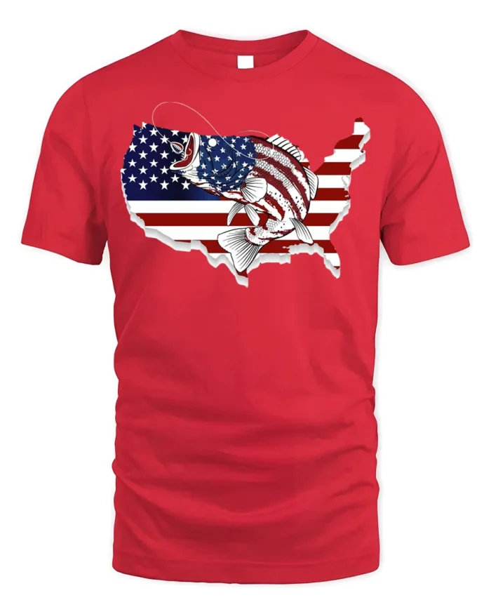 Patriotic USA Fishing T-shirt with American Flag Design - red t-shirt on white background