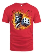 Flaming King Dice T-shirt - Bold Fire Crown Graphic - red t-shirt on white background