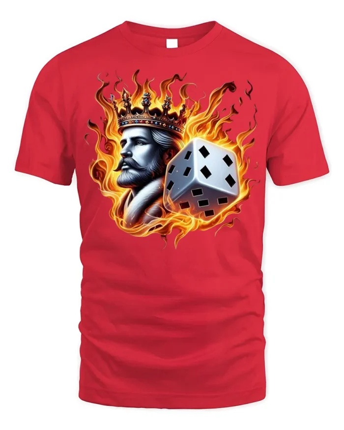 Flaming King Dice T-shirt - Bold Fire Crown Graphic - red t-shirt on white background