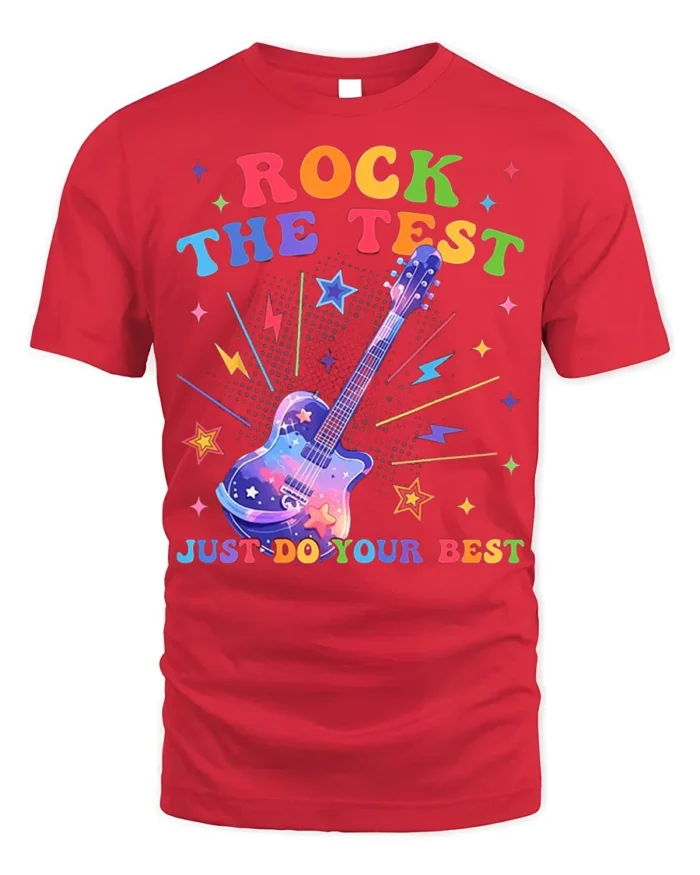 Rock the Test T-shirt Rainbow Guitar Motivational - red t-shirt on white background