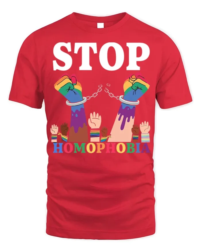 Stop Homophobia T-shirt LGBTQ Pride Equality Protest - red t-shirt on white background