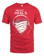 Music Heals T-shirt with Heart Headphones Design - red t-shirt on white background