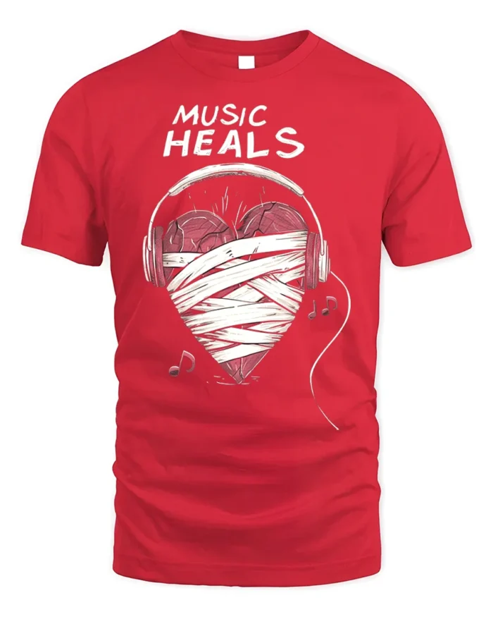 Music Heals T-shirt with Heart Headphones Design - red t-shirt on white background