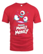 Funny Money Monster T-shirt Neon Greedy Face Graphic - red t-shirt on white background