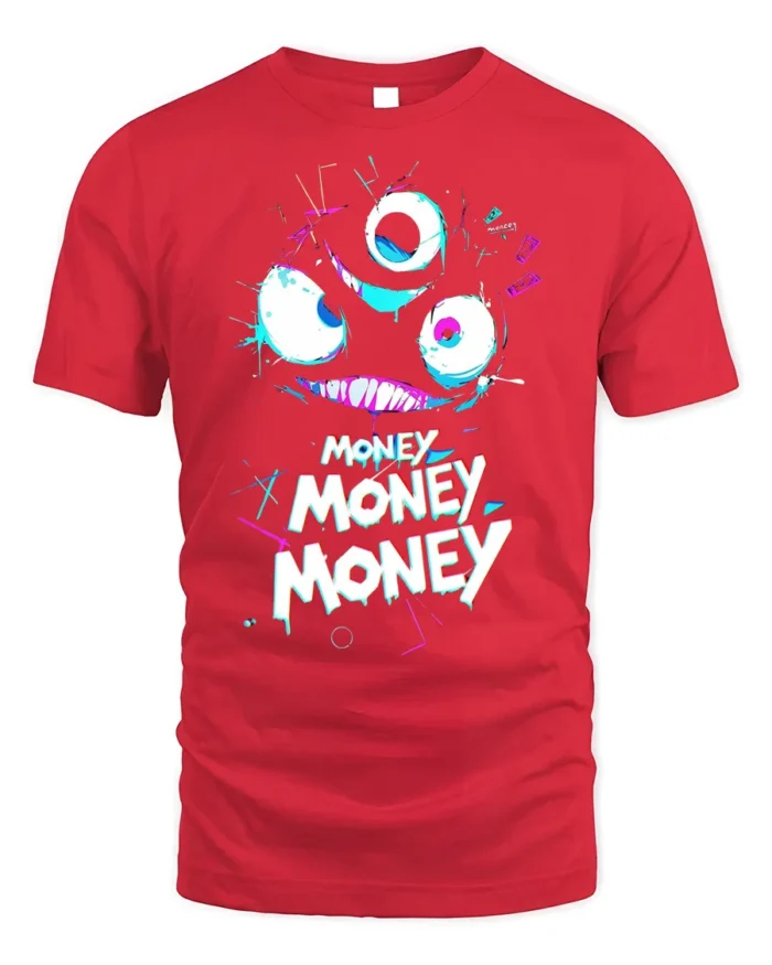 Funny Money Monster T-shirt Neon Greedy Face Graphic - red t-shirt on white background
