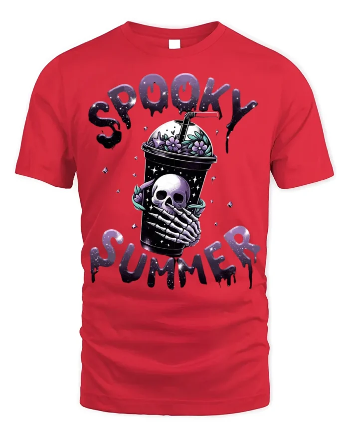 Spooky Summer Skeleton Drink T-Shirt Cute Goth Aesthetic - red t-shirt on white background