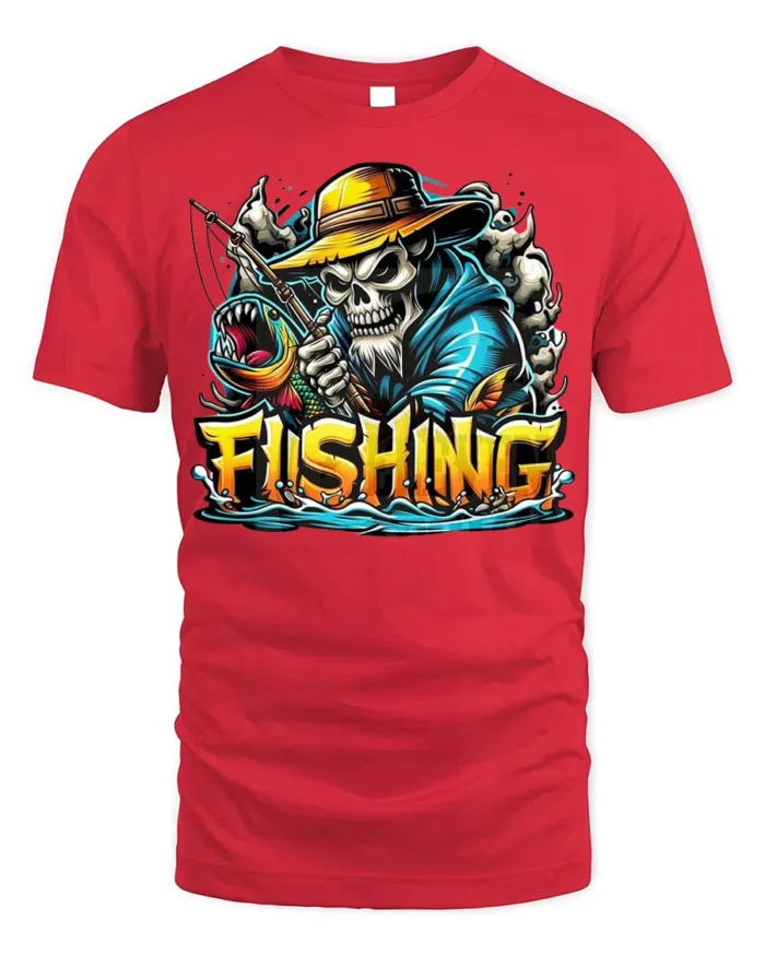 Skeleton Fishing T-Shirt Funny Grim Reaper Fisherman - red t-shirt on white background