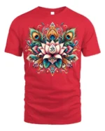 Spiritual Lotus Om Symbol T-Shirt with Peacock Design - red t-shirt on white background