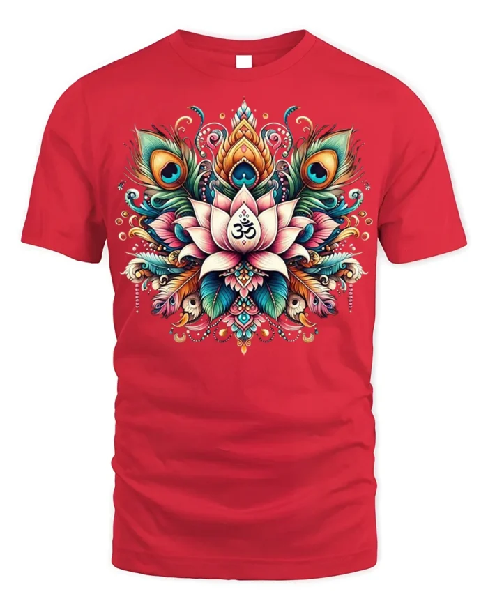 Spiritual Lotus Om Symbol T-Shirt with Peacock Design - red t-shirt on white background