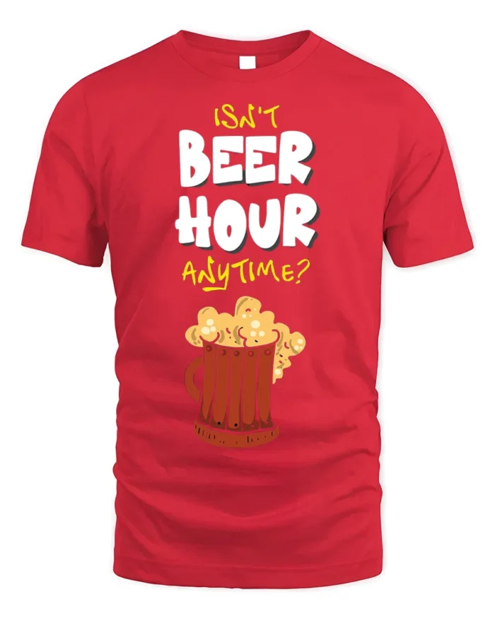 Funny Beer Hour Anytime T-Shirt with Mug Graphic Print - red t-shirt on white background