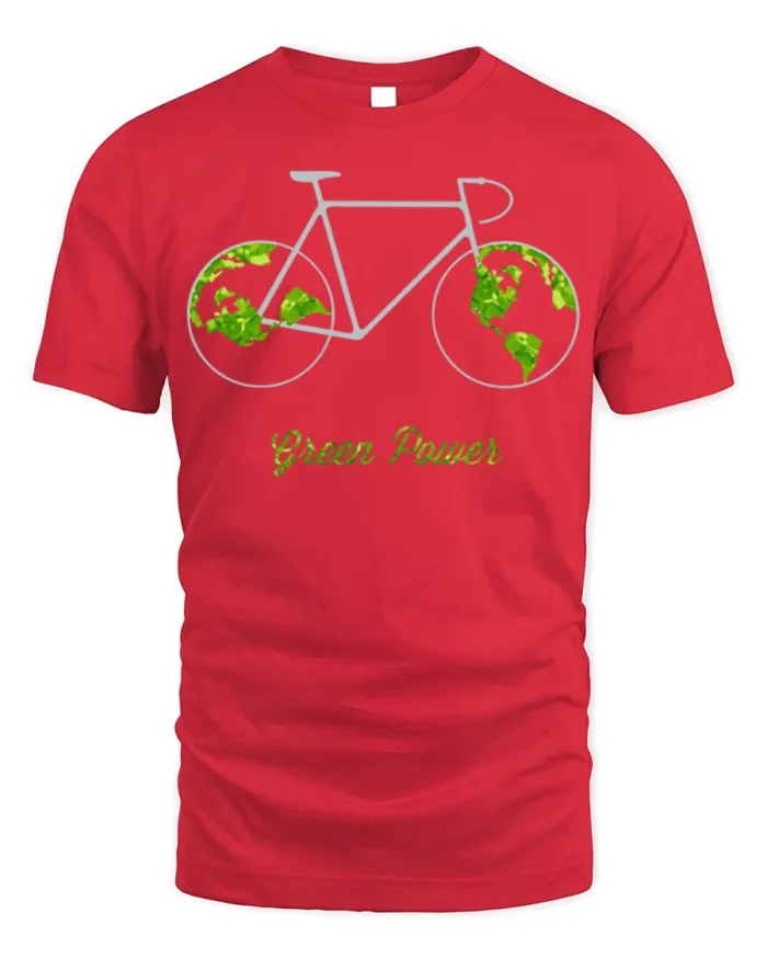 Green Power Bicycle Earth T-Shirt for Eco-Friendly Riders - red t-shirt on white background